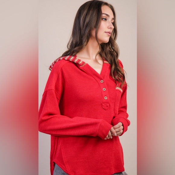 Red Button-Up Sweater with Patterned Collar Hoodie  Plus Size NWT - Picture 2 of 5